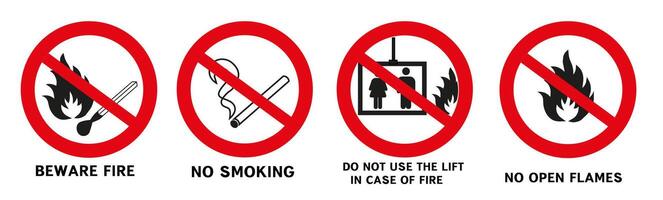 Signs of prohibited actions in case of fire danger. Prohibitory signs. vector