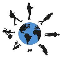 Life cycle and aging process. The cycle of a woman's life around the earth. vector