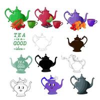 A collection of teapots and cups with the theme Tea is a good idea lettering. vector