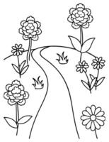 Garden Scene Line Art with Winding Path and Flowers vector