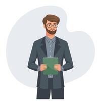 A businessman in a business suit with a gadget in his hands. Illustration in flat style vector