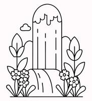 Waterfall Garden with Surrounding Flowers and Plants in Line Art vector