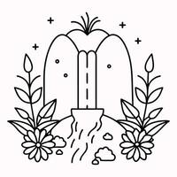 Waterfall Garden with Surrounding Flowers and Plants in Line Art vector