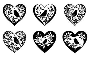 Heart-Shape Silhouette with Bird on Floral Branch Bundle vector