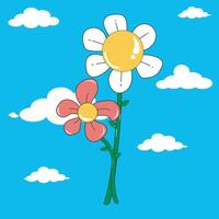 Groovy flower on blue sky with clouds vector