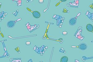 Seamless pattern with sports equipment. Colorful handmade sports equipment. Pattern on the theme of sports, healthy lifestyle. Background for use in design, packaging, website, fabric. vector