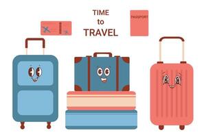 A set of suitcases in kawaii style for travel and leisure. Colorful color illustration isolated on white background. illustration vector