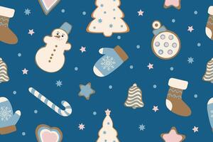 Winter seamless patterns with gingerbread cookies. Awesome holiday background. vector