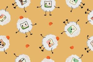 Seamless pattern with rolls in kawaii style. Kawaii style sushi. Cute cartoon rolls with a face. illustration. vector