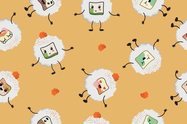 Seamless pattern with rolls in kawaii style. Kawaii style sushi. Cute cartoon rolls with a face. illustration.