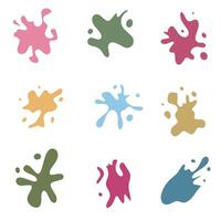 Set of colorful splashes. Bright spots, paint, set of design elements. Paint splatter colorful set. Round splash flat collection, decorative shapes liquids. Different splashes and drops. vector