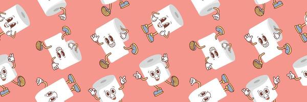 Seamless pattern with cute cartoon toilet paper rolls with faces in Kawaii style. vector