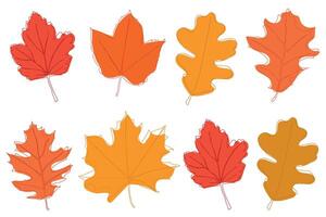 Set of bright autumn leaves drawn in a continuous line. Autumn leaf in one line style. Flower sketch. Composition of various leaves. Simple contour leaves. illustration vector