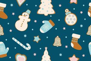 Winter seamless patterns with gingerbread cookies. Awesome holiday background. vector