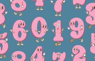 Seamless pattern of cute numbers with eyes, hands, feet. Kawaii style numbers. illustration vector
