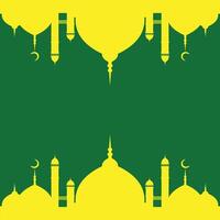 Silhouette a yellow mosque and minarets on green background. Ramadan Kareem greeting card template with mosque. Islamic background design element for many purposes vector