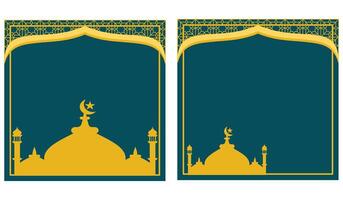 Silhouette a yellow mosque and minarets on green background. Ramadan Kareem greeting card template with mosque. Islamic background design element for many purposes vector