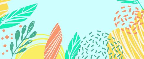 trendy spring background, template for greeting card, invitation color form memphis style and floral elements. vector