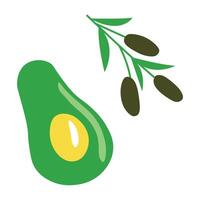 Avocado and Olive Branch Illustration flat doodle style green. vector