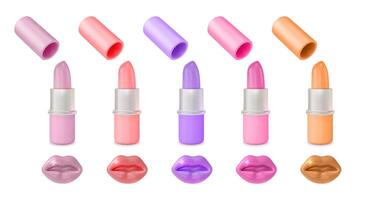 3d Different Color Lipstick Open Tube and Colored Lips Set Cartoon Design Style. vector