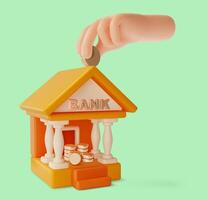 3d Financial and Banking Services Concept Bank and Hand with Coin Cartoon Design Style. vector