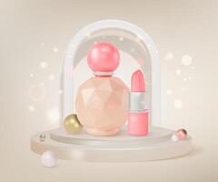 3d Round Podium Platform with Perfume and Lipstick Background Cartoon Design Style. vector