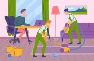 Cartoon Color Scene Characters Cleaner and Man Working on Computer. vector