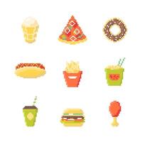 Cartoon Color Pixel Art Fast Food Icon Set Concept Flat Design Style Include of Burger, Pizza, Donut, Chicken and Coffee vector