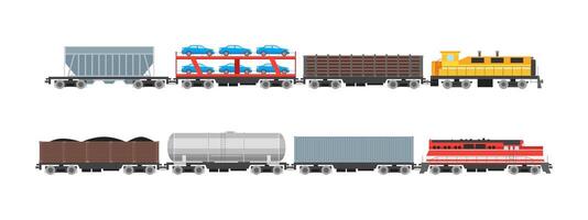 Cartoon Color Railroad Engine with Wagons Set. vector