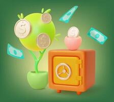 3d Financial and Banking Services Concept Strongbox and Money Tree Cartoon Design Style. vector
