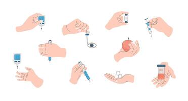 Cartoon Color Different Hand Gestures and Diabetes Devices Set Concept Flat Design Style vector
