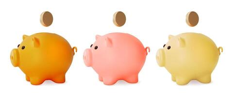 3d Different Color Piggy Bank Set Concept Cartoon Design Style. vector
