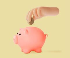 3d Hand Putting Coin a Piggy Bank Financial and Banking Services Concept Cartoon Design Style. vector