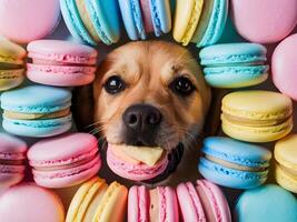 Charming Labrador surrounded by vibrant macarons in pastel shades. The playful scene captures the joy and whimsy of a beloved pet with colorful, sweet confections photo