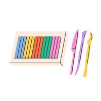 Modeling clay, colorful plasticine set with knives. Child modeling tools vector