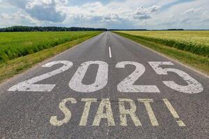 numbers 2024, 2025 on asphalt road highway. concept of destination in future, freedom, work start, run, planning, challenge, target, go, start, new year photo