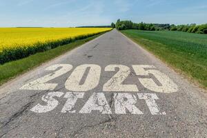 numbers 2024, 2025 on asphalt road highway. concept of destination in future, freedom, work start, run, planning, challenge, target, go, start, new year photo