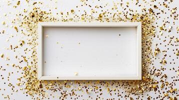 A white rectangular frame with gold glitter sprinkled on it with a simple background. photo