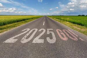 numbers 2024, 2025 on asphalt road highway. concept of destination in future, freedom, work start, run, planning, challenge, target, go, start, new year photo
