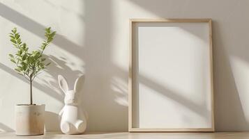 Mockup of wood border thin frame with rabbit sculpture next to it. photo