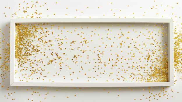A white rectangular frame with gold glitter sprinkled on it with a simple background. photo
