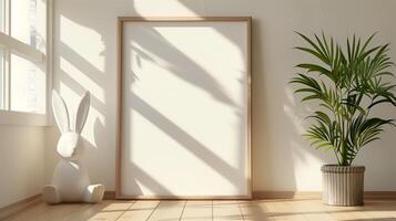 Mockup of wood border thin frame with rabbit sculpture next to it. photo