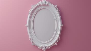 A photo frame, white empty mock up hanging on the pale pink wall in classic style.