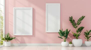 Two vertical white frame mockups on pink wall and large plant next to it. photo