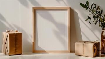 An empty frame mock up on a table next to the gift box. photo