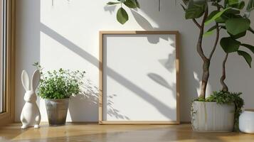 Mockup of wood border thin frame with rabbit sculpture next to it. photo
