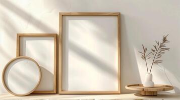 A set of wooden picture frames leaning against the wall, with white canvas inside. photo