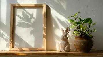 Mockup of wood border thin frame with rabbit sculpture next to it. photo