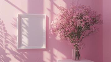 A photo frame, white empty mock up hanging on the pale pink wall in classic style.