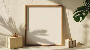 An empty frame mock up on a table next to the gift box. photo
